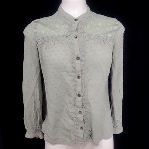 Paper & Crane Dot Fabric and Lace Button Up Blouse Sage Green Long Sleeve Sz. S